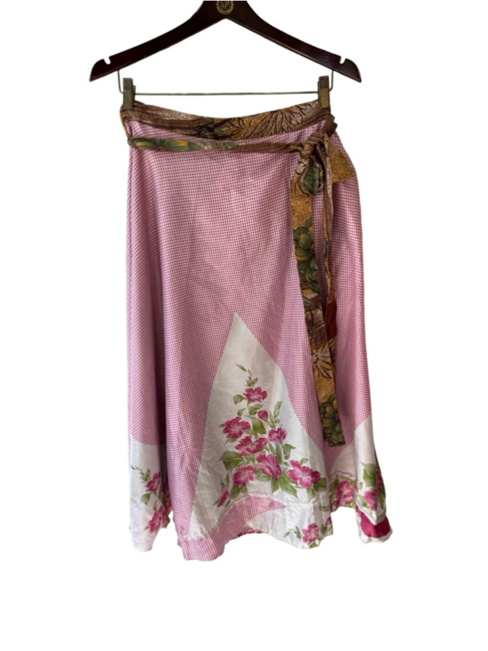 Darn Good Yarn Reversible Sari Silk Pink Floral A-Line Wrap Skirt Size 4-12